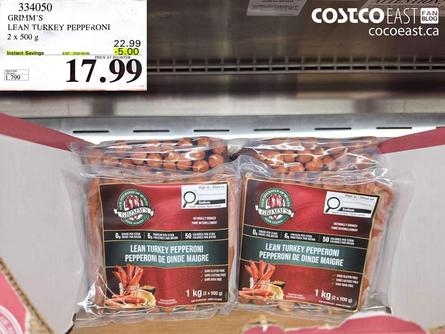 334050 GRIMM'S LEAN TURKEY PEPPERONI 2 X 500 G ($5.00 INSTANT SAVINGS EXPIRES ON 2026-09-06) $17.99