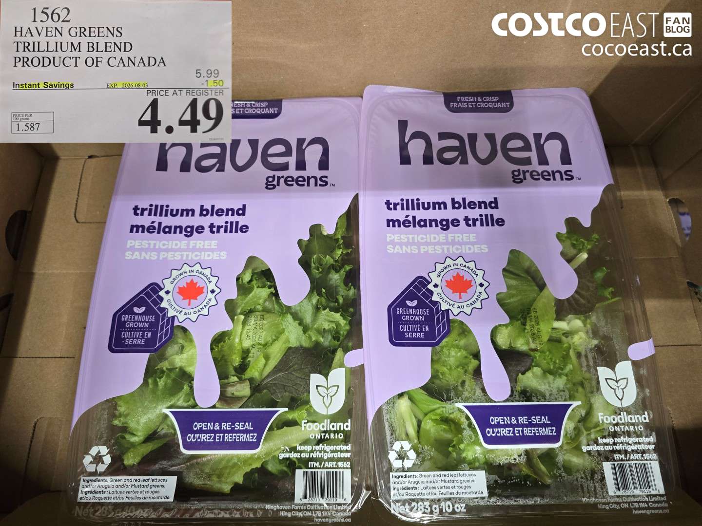 1562 HAVEN GREENS TRILLIUM BLEND PRODUCT OF CANADA ($1.50 INSTANT SAVINGS EXPIRES ON 2026-08-03) $4.49