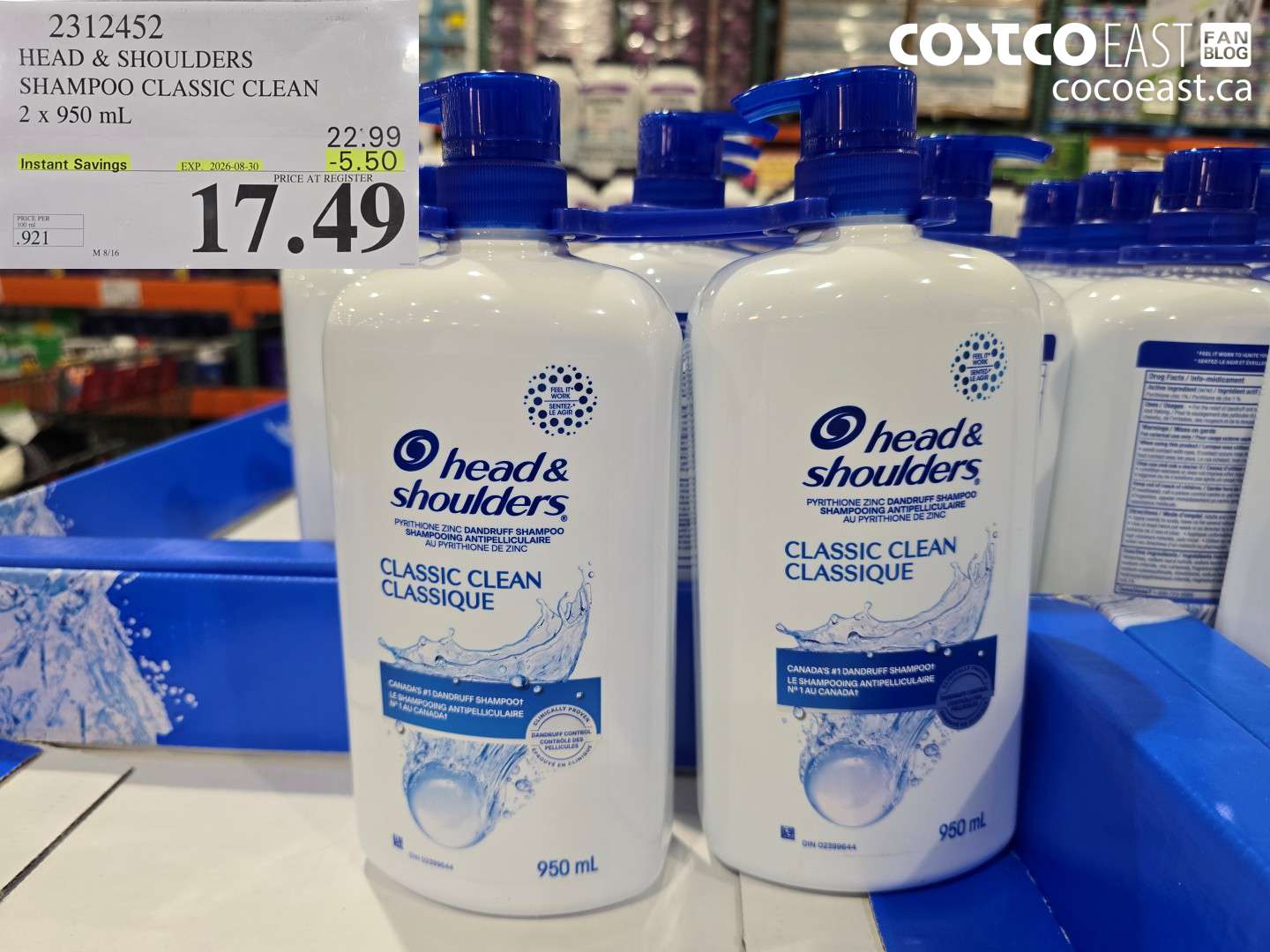 2312452 HEAD & SHOULDERS SHAMPOO CLASSIC CLEAN 2 X 950 ML ($5.50 INSTANT SAVINGS EXPIRES ON 2026-08-30) $17.49