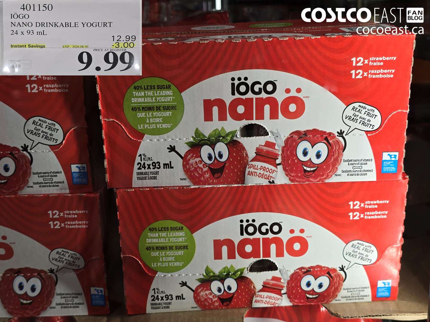 401150 IÖGO NANO DRINKABLE YOGURT 24 X 93 ML ($3.00 INSTANT SAVINGS EXPIRES ON 2026-08-30) $9.99