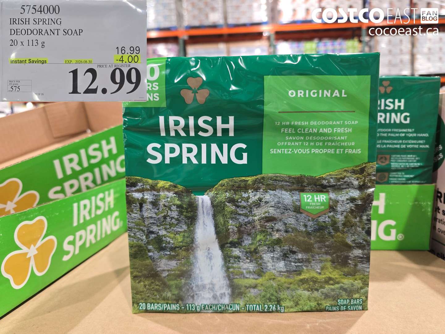 5754000 IRISH SPRING DEODORANT SOAP 20 X 113 G ($4.00 INSTANT SAVINGS EXPIRES ON 2026-08-30) $12.99