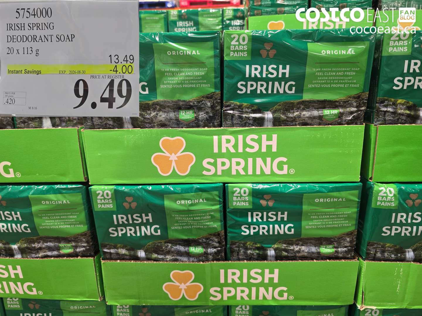 5754000 IRISH SPRING DEODORANT SOAP 20 X 113 G ($4.00 INSTANT SAVINGS EXPIRES ON 2026-08-30) $9.49