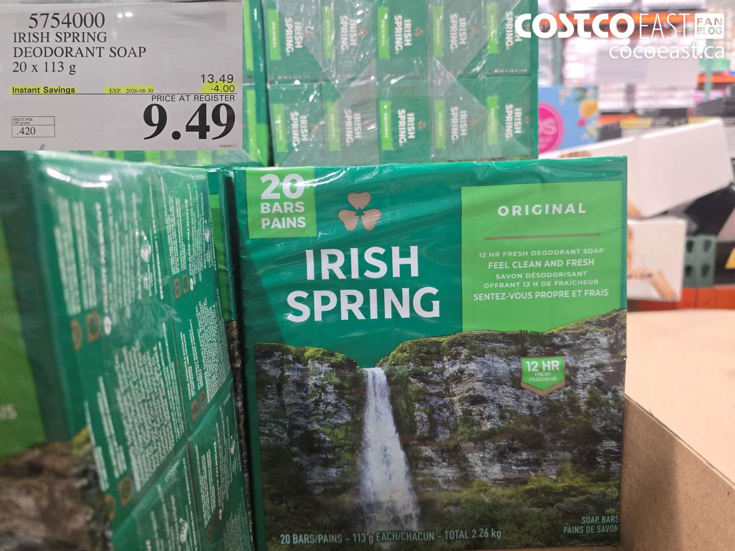 5754000 IRISH SPRING DEODORANT SOAP 20 X 113 G ($4.00 INSTANT SAVINGS EXPIRES ON 2026-08-30) $9.49