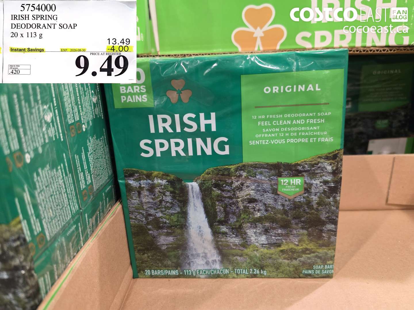 5754000 IRISH SPRING DEODORANT SOAP 20 X 113 G ($4.00 INSTANT SAVINGS EXPIRES ON 2026-08-30) $9.49