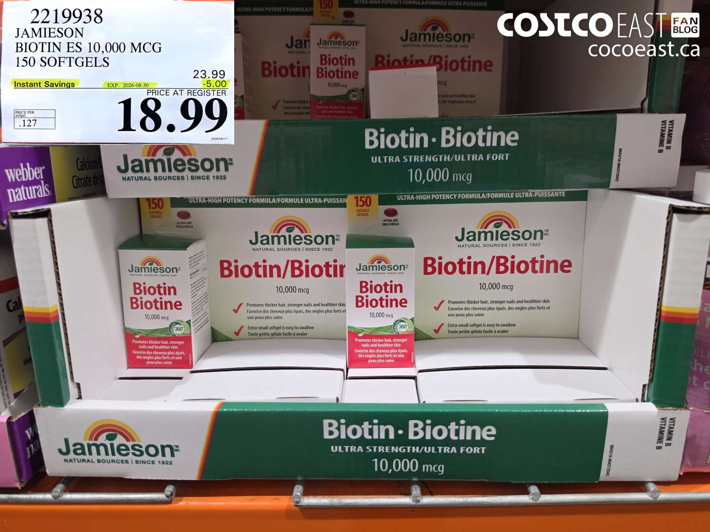 2219938 JAMIESON BIOTIN ES 10,000 MCG 150 SOFTGELS ($5.00 INSTANT SAVINGS EXPIRES ON 2026-08-30) $18.99