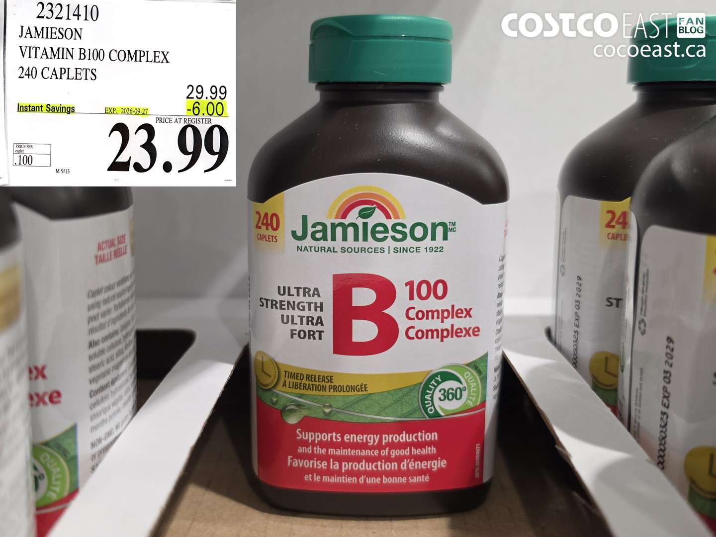2321410 JAMIESON VITAMIN B100 COMPLEX 240 CAPLETS ($6.00 INSTANT SAVINGS EXPIRES ON 2026-09-27) $23.99