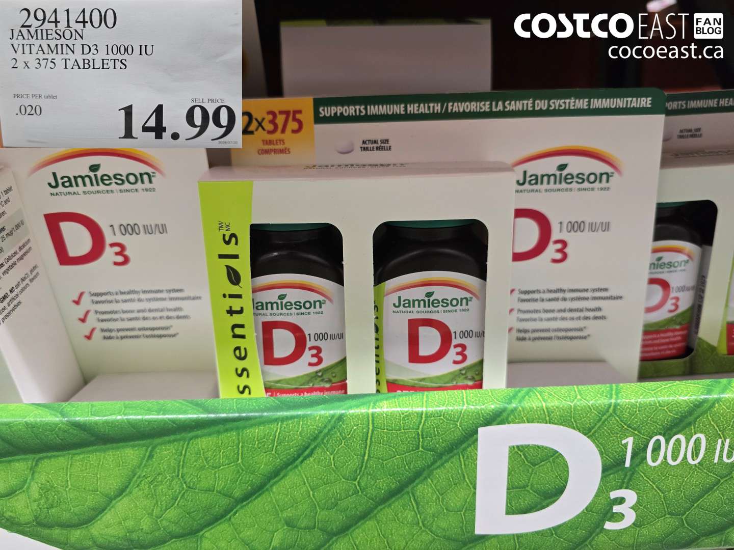 2941400 JAMIESON VITAMIN D3 1000 IU 2 X 375 TABLETS $14.99