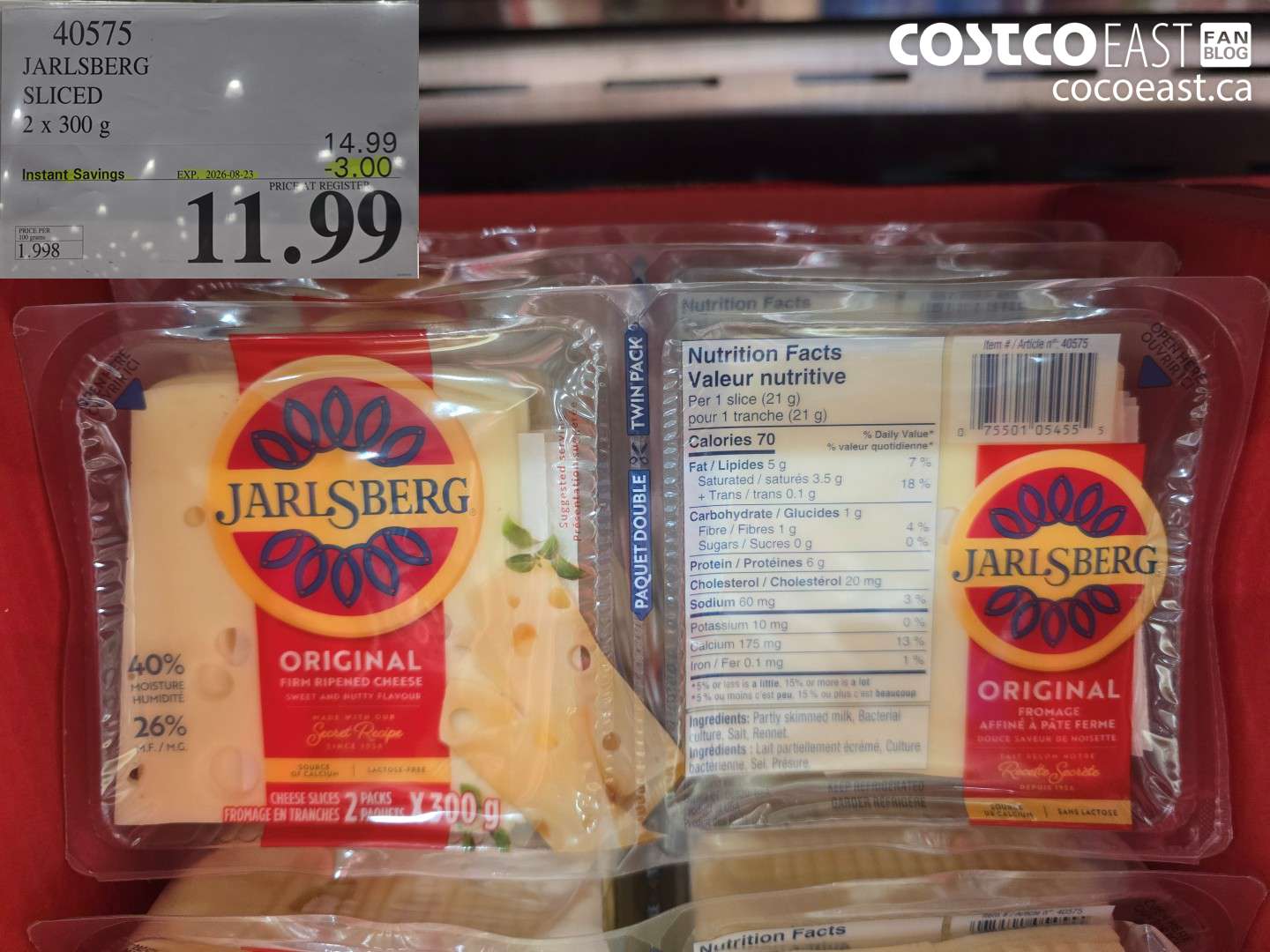 40575 JARLSBERG SLICED 2 X 300 G ($3.00 INSTANT SAVINGS EXPIRES ON 2026-08-23) $11.99