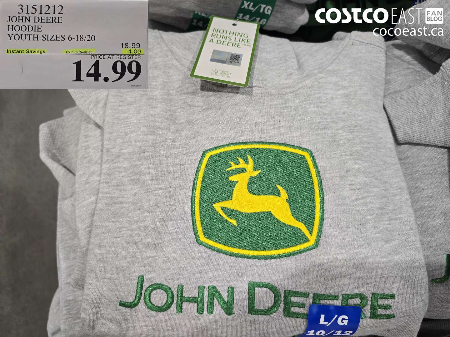 3151212 JOHN DEERE HOODIE YOUTH SIZES 6-18/20 ($4.00 INSTANT SAVINGS EXPIRES ON 2026-08-30) $14.99