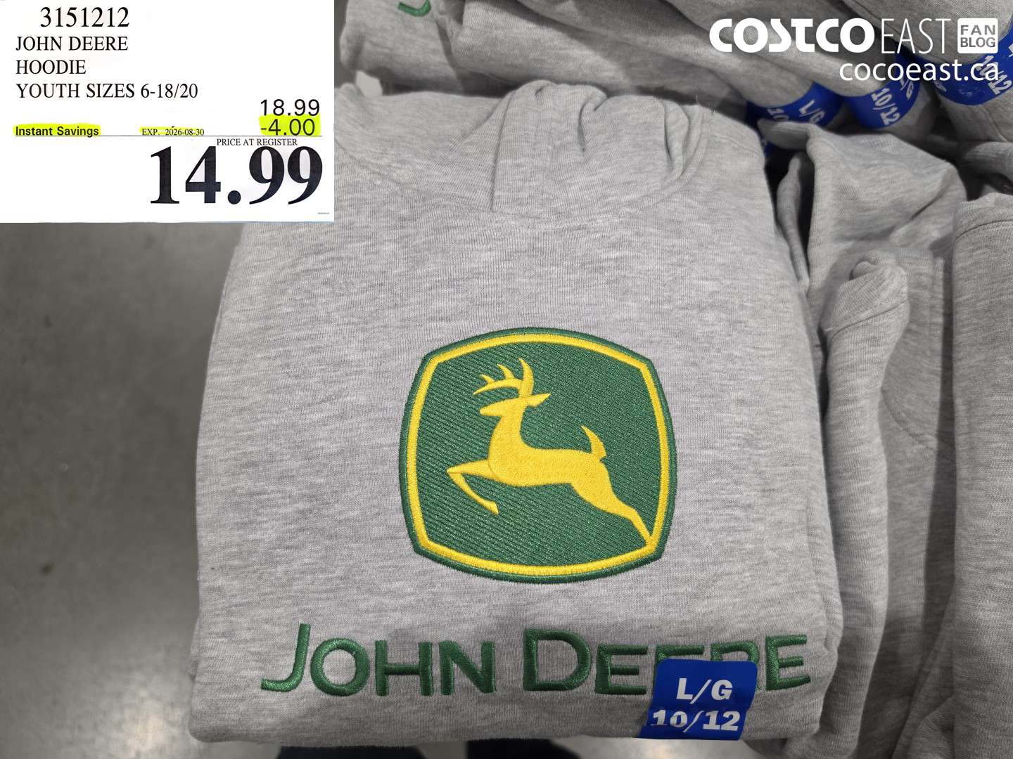 3151212 JOHN DEERE HOODIE YOUTH SIZES 6-18/20 ($4.00 INSTANT SAVINGS EXPIRES ON 2026-08-30) $14.99