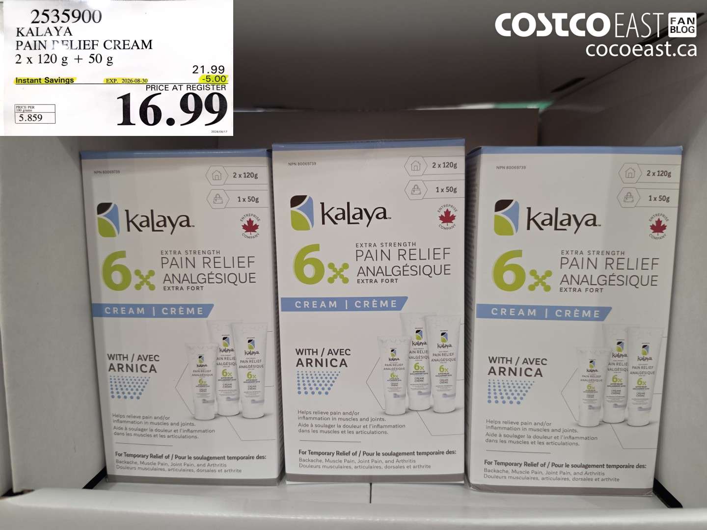 2535900 KALAYA PAIN RELIEF CREAM 2 X 120 G + 50 G ($5.00 INSTANT SAVINGS EXPIRES ON 2026-08-30) $16.99