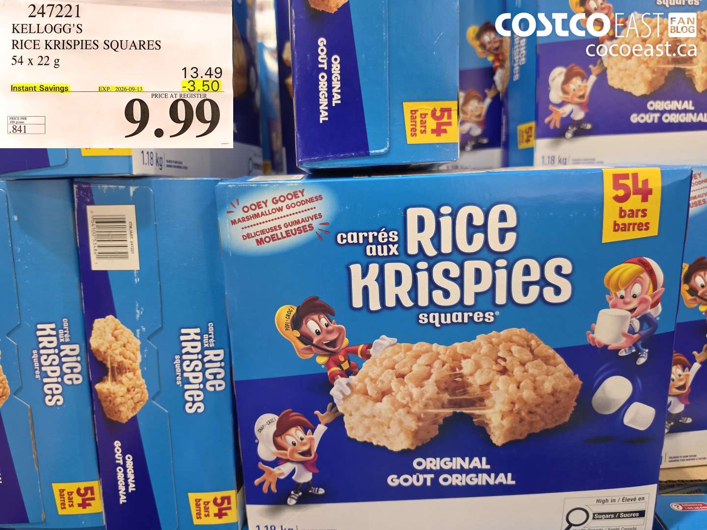 247221 KELLOGG'S RICE KRISPIES SQUARES 54 X 22 G ($3.50 INSTANT SAVINGS EXPIRES ON 2026-09-13) $9.99