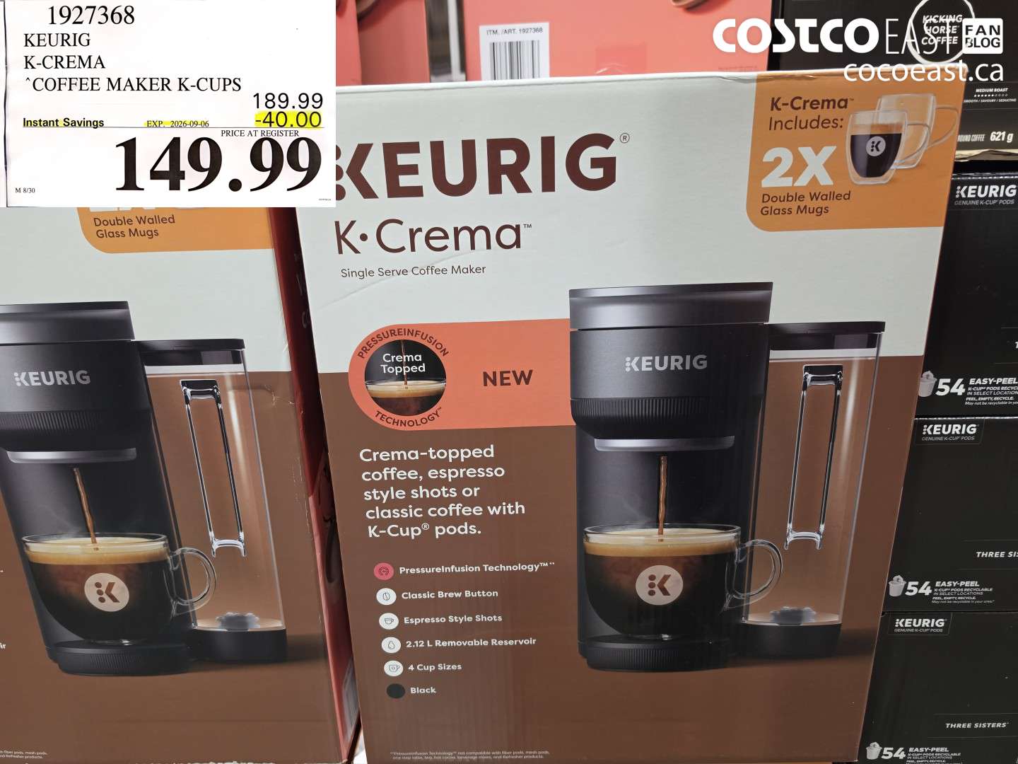 1927368 KEURIG K-CREMA COFFEE MAKER K-CUPS ($40.00 INSTANT SAVINGS EXPIRES ON 2026-09-06) $149.99