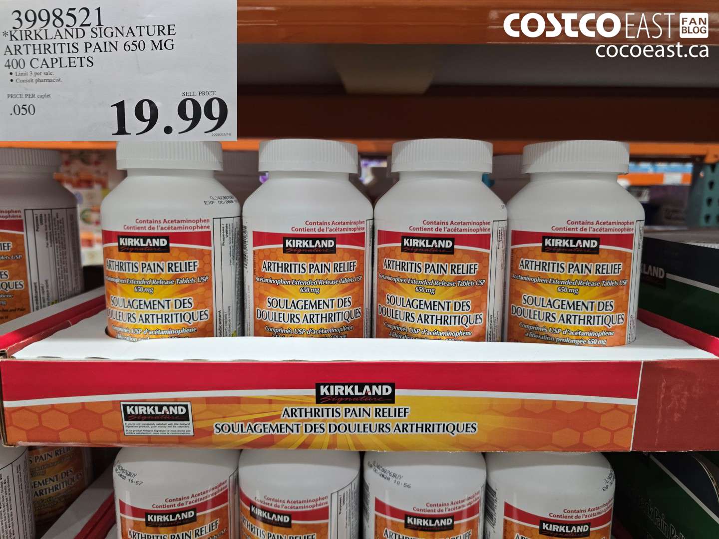 3998521 KIRKLAND SIGNATURE ARTHRITIS PAIN 650 MG 400 CAPLETS $19.99