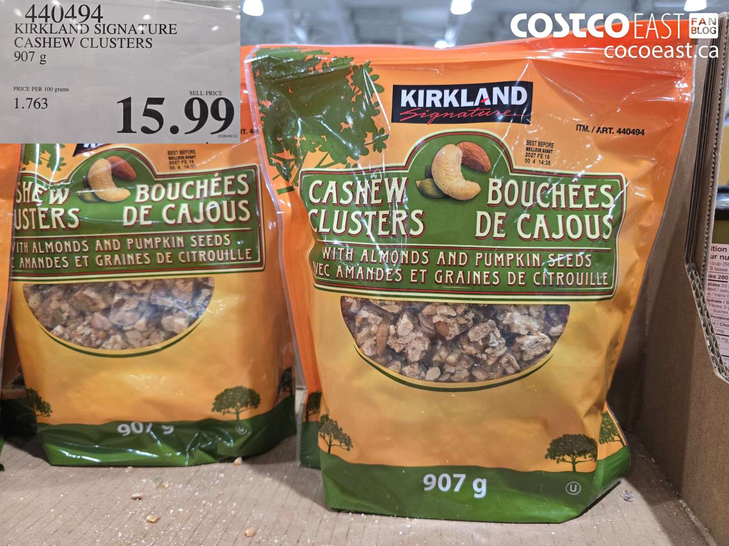 440494 KIRKLAND SIGNATURE CASHEW CLUSTERS 907 G $15.99