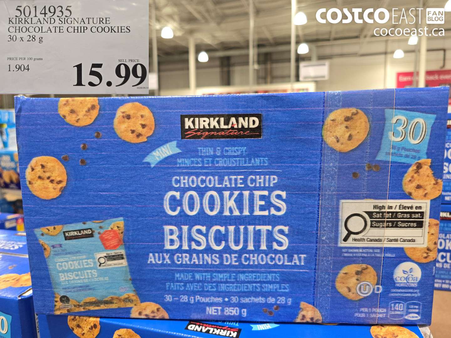 5014935 KIRKLAND SIGNATURE CHOCOLATE CHIP COOKIES 30 X 28 G $15.99