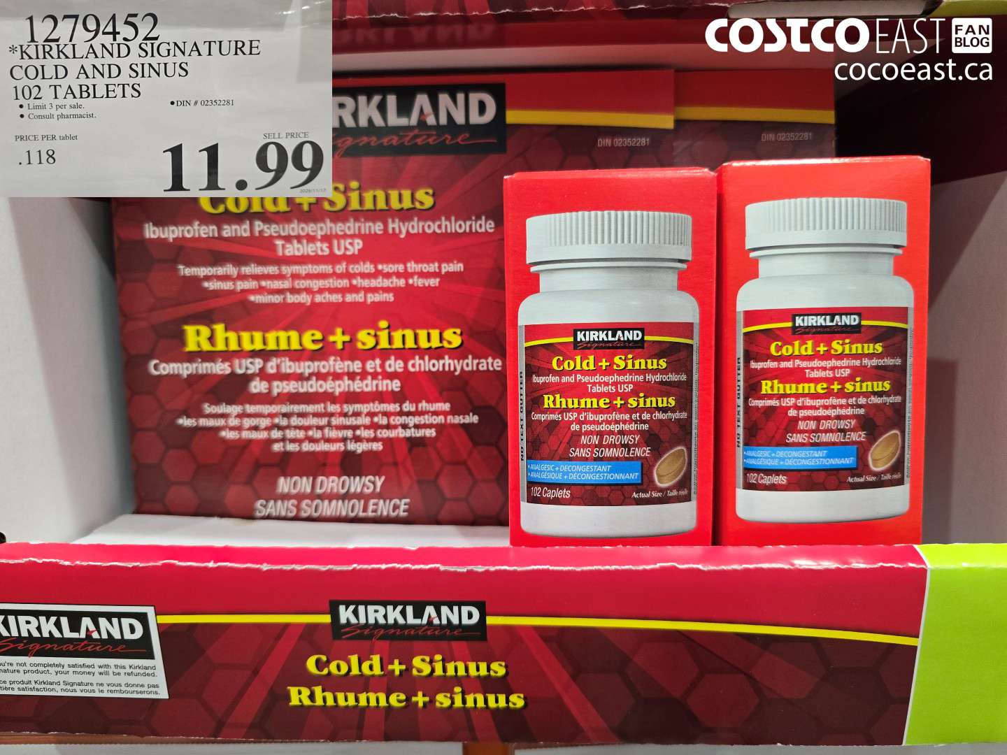 1279452 KIRKLAND SIGNATURE COLD AND SINUS 102 TABLETS $11.99