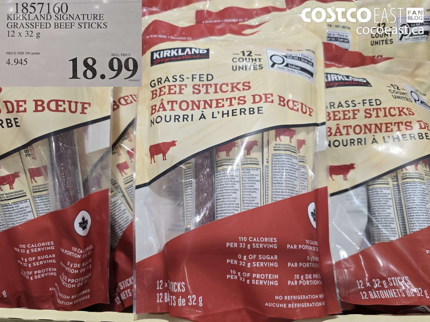 1857160 KIRKLAND SIGNATURE GRASSFED BEEF STICKS 12 X 32 G $18.99