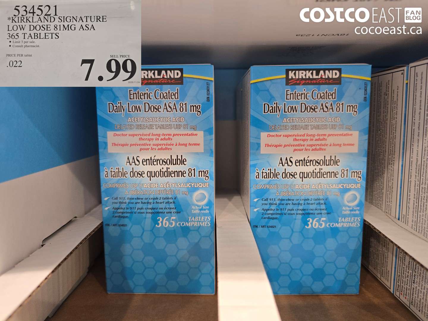 534521 KIRKLAND SIGNATURE LOW DOSE 81MG ASA 365 TABLETS $7.99