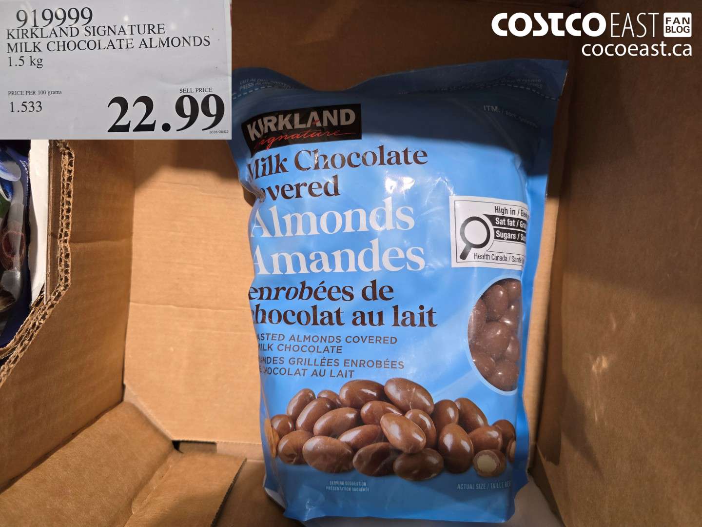 919999 KIRKLAND SIGNATURE MILK CHOCOLATE ALMONDS 1.5 KG $22.99