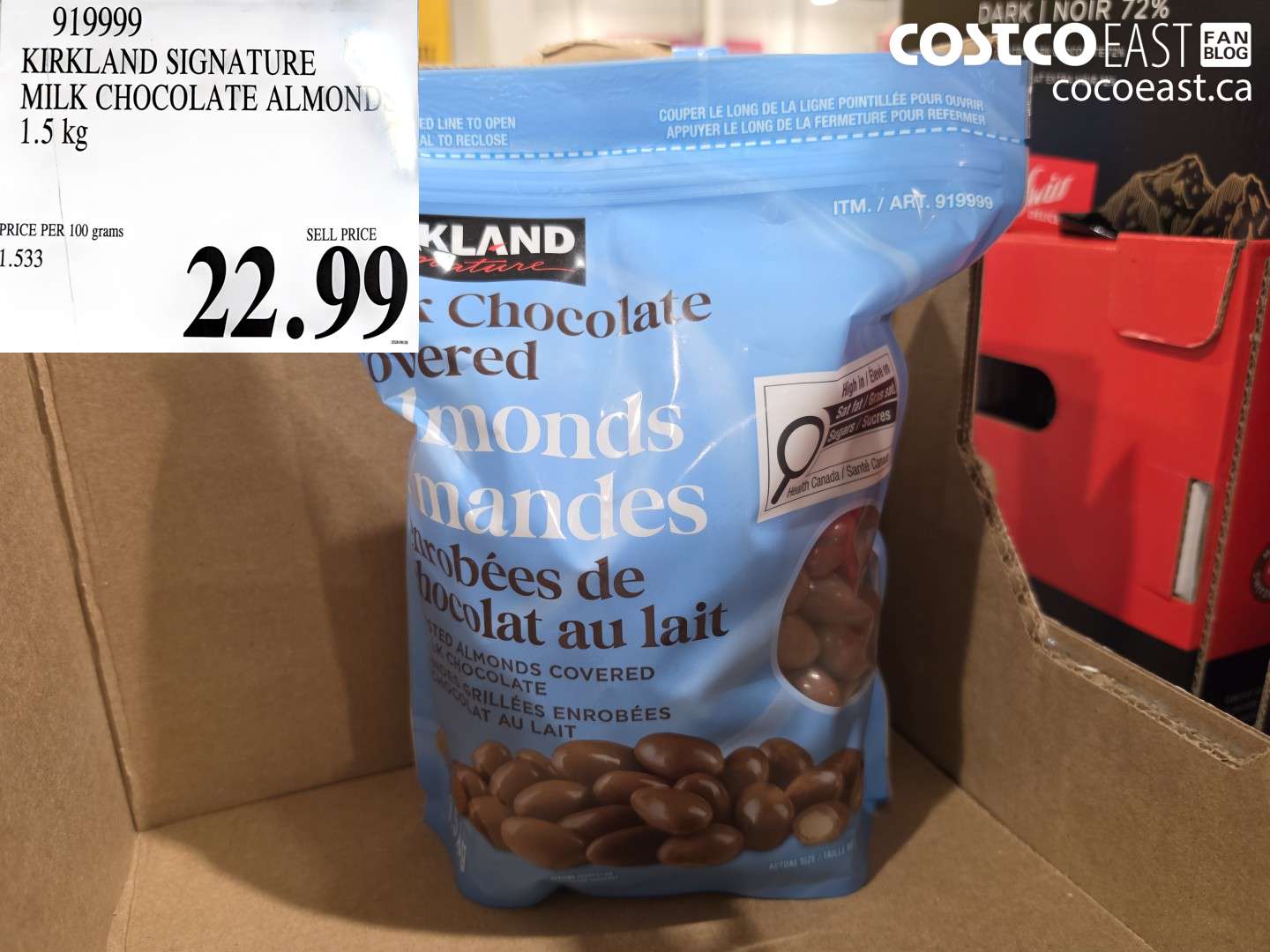 919999 KIRKLAND SIGNATURE MILK CHOCOLATE ALMONDS 1.5 KG $22.99