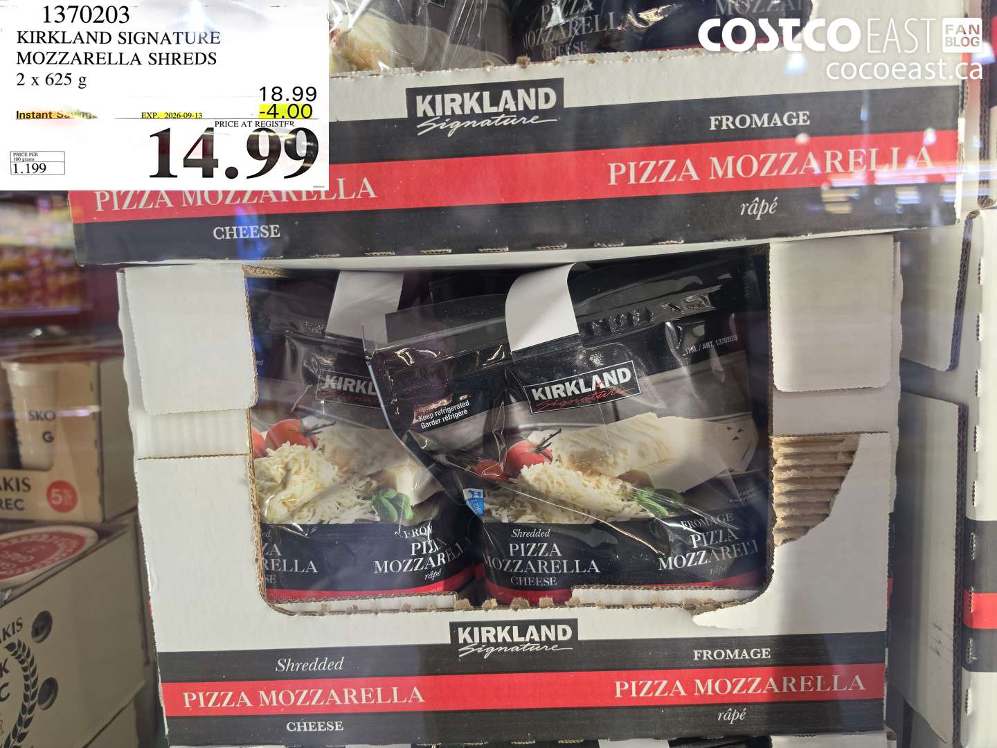 1370203 KIRKLAND SIGNATURE MOZZARELLA SHREDS 2 X 625 G ($4.00 INSTANT SAVINGS EXPIRES ON 2026-09-13) $14.99