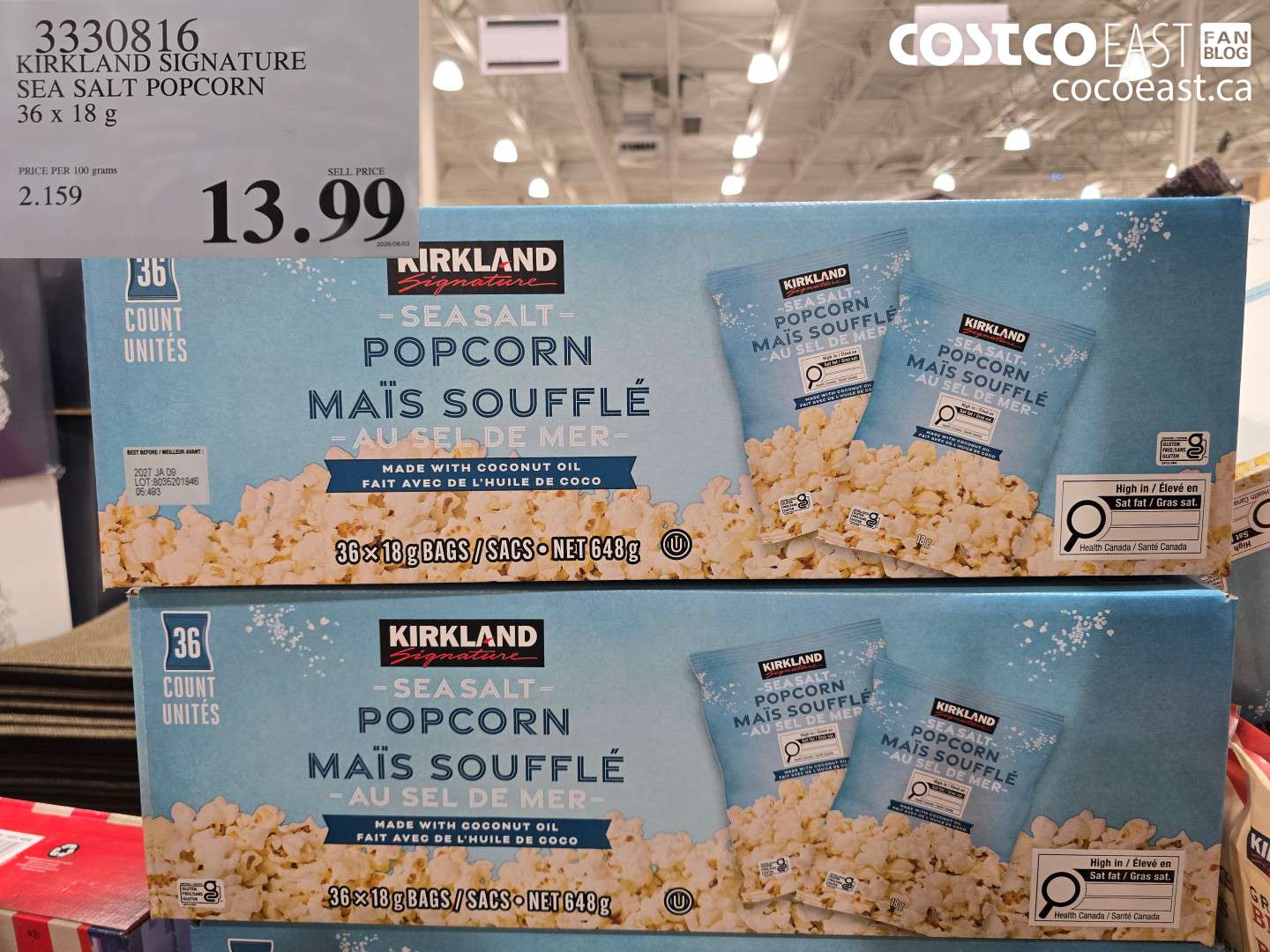 3330816 KIRKLAND SIGNATURE SEA SALT POPCORN 36 X 18 G $13.99