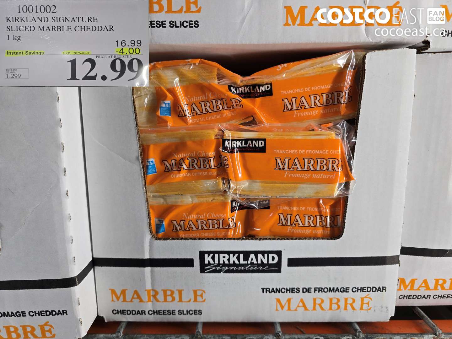 1001002 KIRKLAND SIGNATURE SLICED MARBLE CHEDDAR 1 KG ($4.00 INSTANT SAVINGS EXPIRES ON 2026-08-03) $12.99
