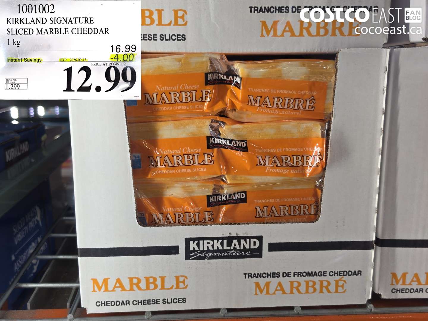 1001002 KIRKLAND SIGNATURE SLICED MARBLE CHEDDAR 1 KG ($4.00 INSTANT SAVINGS EXPIRES ON 2026-09-13) $12.99