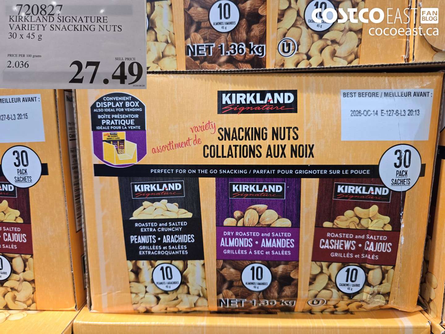 720827 KIRKLAND SIGNATURE VARIETY SNACKING NUTS 30 X 45 G $27.49