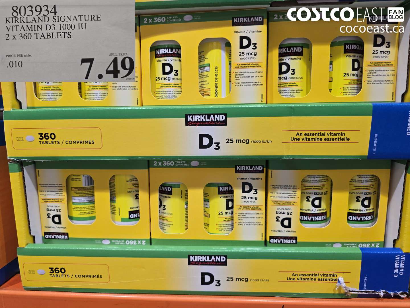 803934 KIRKLAND SIGNATURE VITAMIN D3 1000 IU 2 X 360 TABLETS $7.49