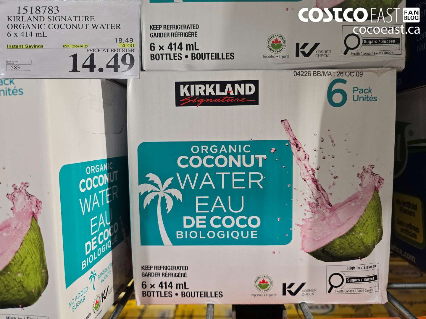 1518783 KIRLAND SIGNATURE ORGANIC COCONUT WATER 6 X 414 ML ($4.00 INSTANT SAVINGS EXPIRES ON 2026-08-23) $14.49