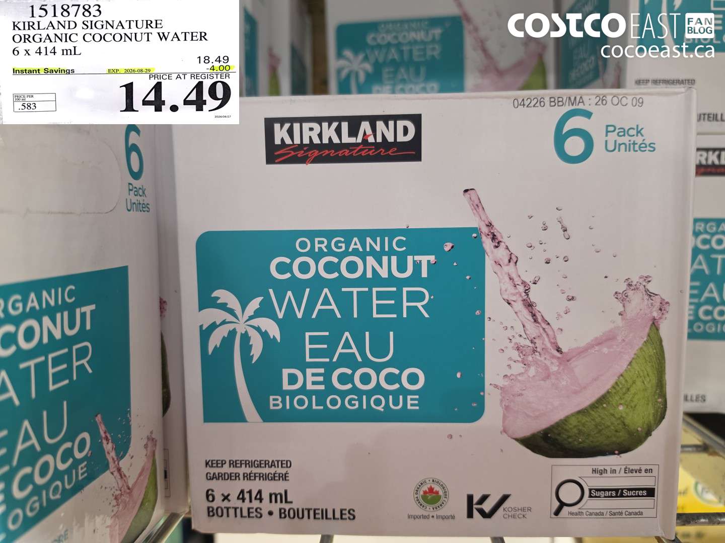 1518783 KIRLAND SIGNATURE ORGANIC COCONUT WATER 6 X 414 ML ($4.00 INSTANT SAVINGS EXPIRES ON 2026-08-29) $14.49