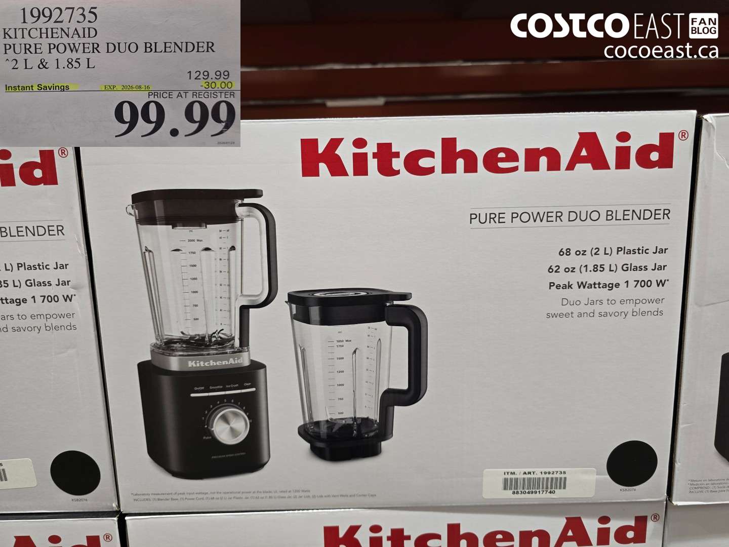 1992735 KITCHENAID PURE POWER DUO BLENDER 2 L & 1.85 L ($30.00 INSTANT SAVINGS EXPIRES ON 2026-08-16) $99.99