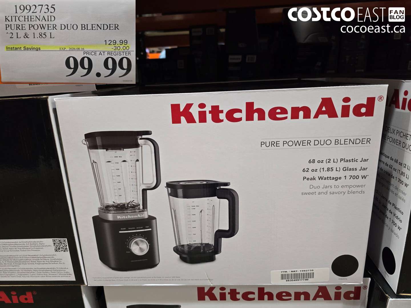 1992735 KITCHENAID PURE POWER DUO BLENDER 2 L & 1.85 L ($30.00 INSTANT SAVINGS EXPIRES ON 2026-08-16) $99.99