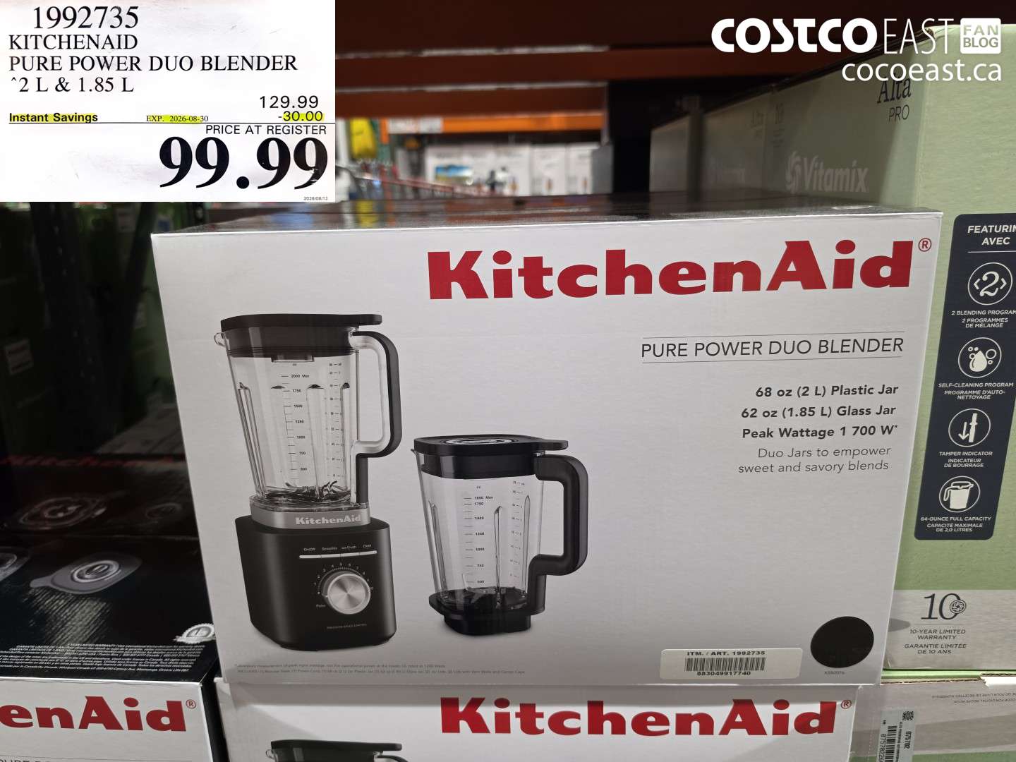 1992735 KITCHENAID PURE POWER DUO BLENDER 2 L & 1.85 L ($30.00 INSTANT SAVINGS EXPIRES ON 2026-08-30) $99.99