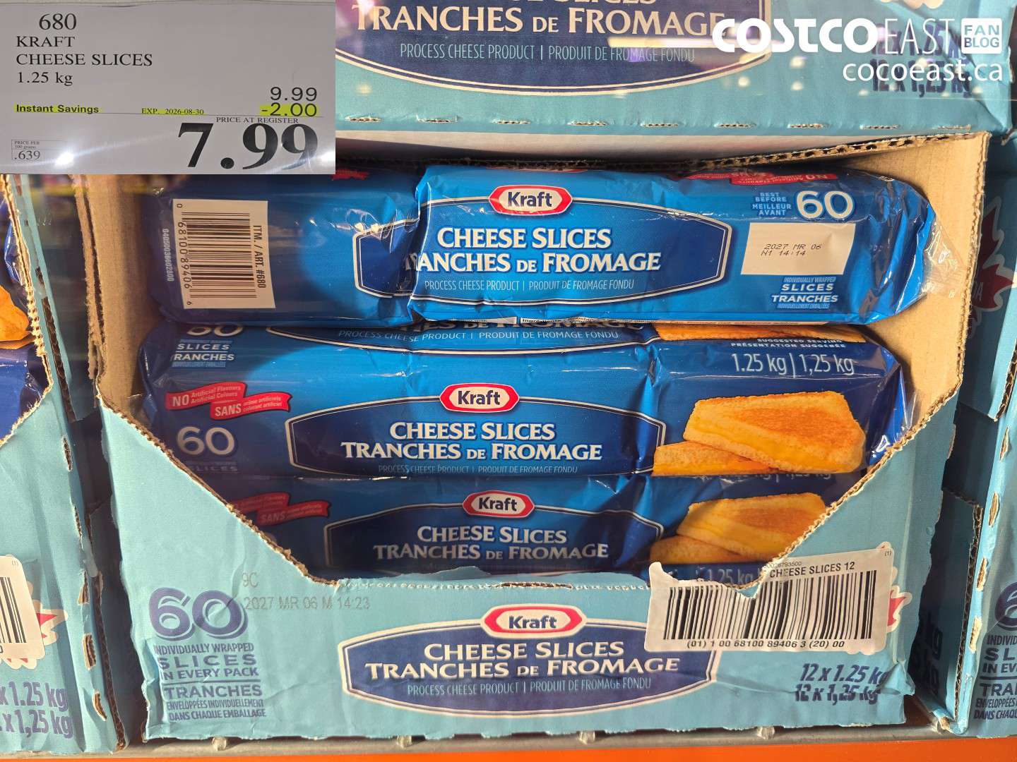 680 KRAFT CHEESE SLICES 1.25 KG ($2.00 INSTANT SAVINGS EXPIRES ON 2026-08-30) $7.99