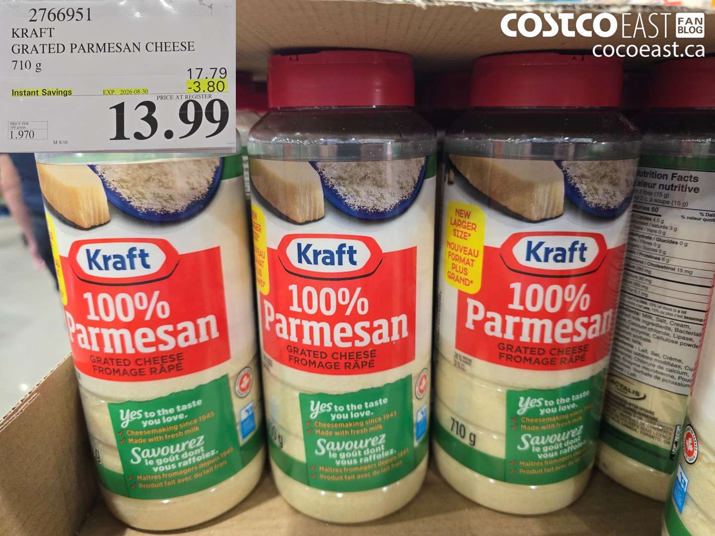 2766951 KRAFT GRATED PARMESAN CHEESE 710 G ($3.80 INSTANT SAVINGS EXPIRES ON 2026-08-30) $13.99