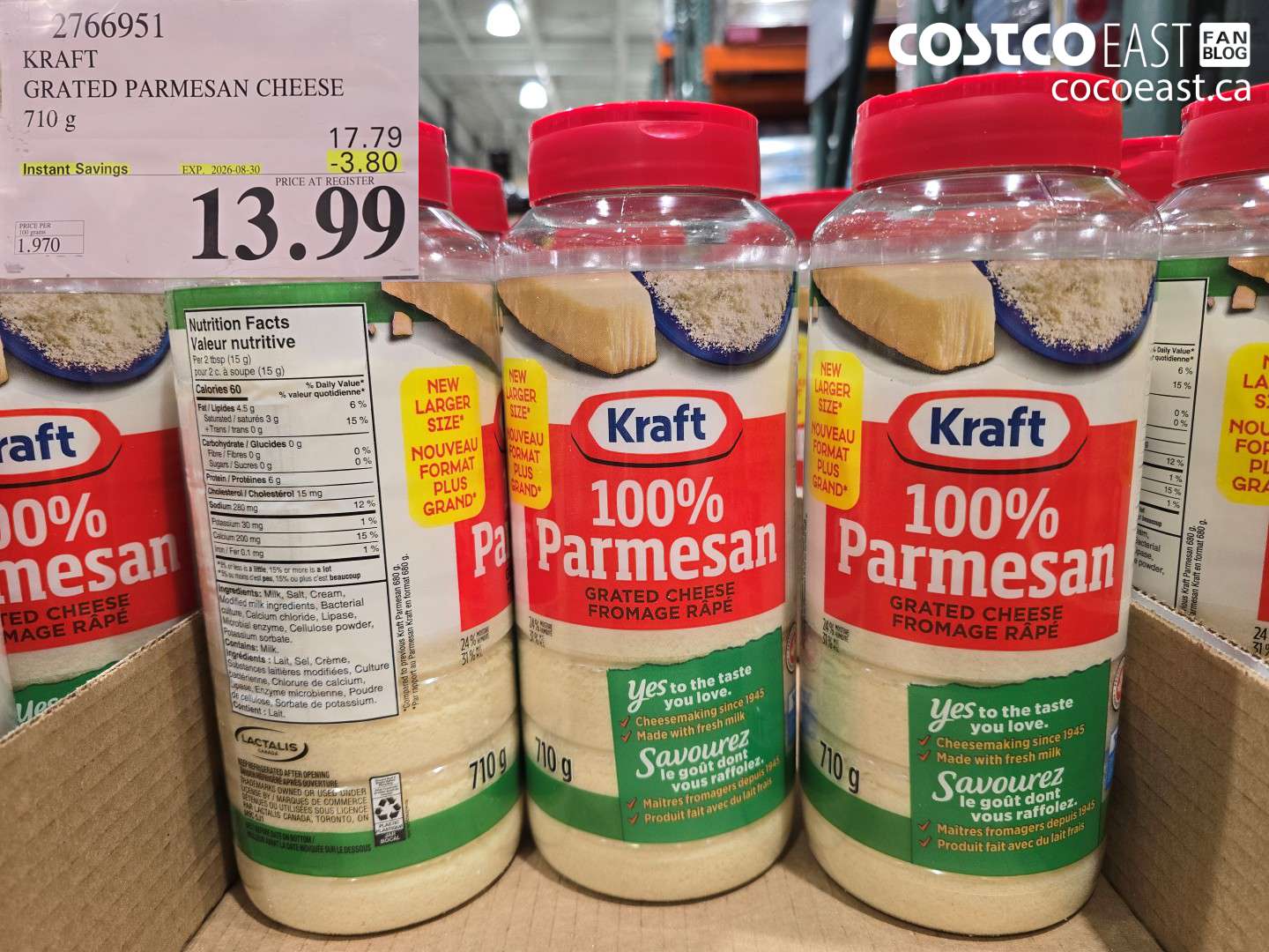 2766951 KRAFT GRATED PARMESAN CHEESE 710 G ($3.80 INSTANT SAVINGS EXPIRES ON 2026-08-30) $13.99