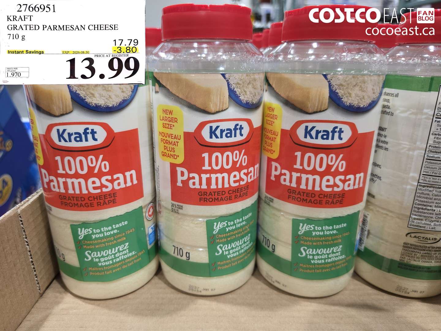 2766951 KRAFT GRATED PARMESAN CHEESE 710 G ($3.80 INSTANT SAVINGS EXPIRES ON 2026-08-30) $13.99
