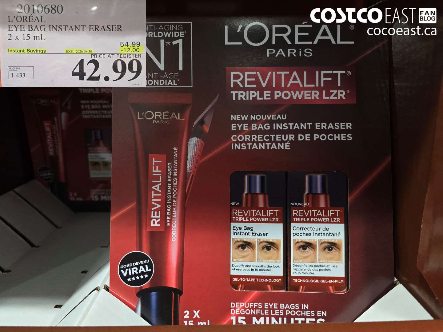 2010680 L'ORÉAL EYE BAG INSTANT ERASER 2 X 15 ML ($12.00 INSTANT SAVINGS EXPIRES ON 2026-08-30) $42.99