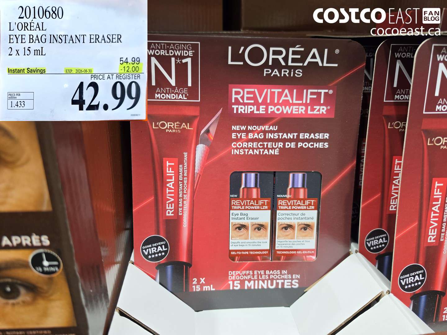 2010680 L'ORÉAL EYE BAG INSTANT ERASER 2 X 15 ML ($12.00 INSTANT SAVINGS EXPIRES ON 2026-08-30) $42.99