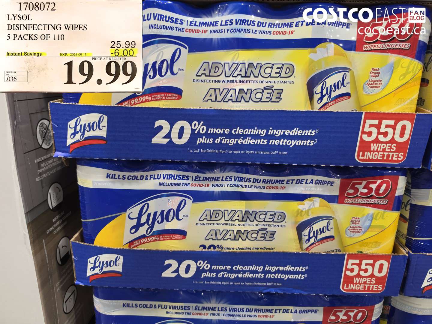 1708072 LYSOL DISINFECTING WIPES 5 PACKS OF 110 ($6.00 INSTANT SAVINGS EXPIRES ON 2026-09-13) $19.99