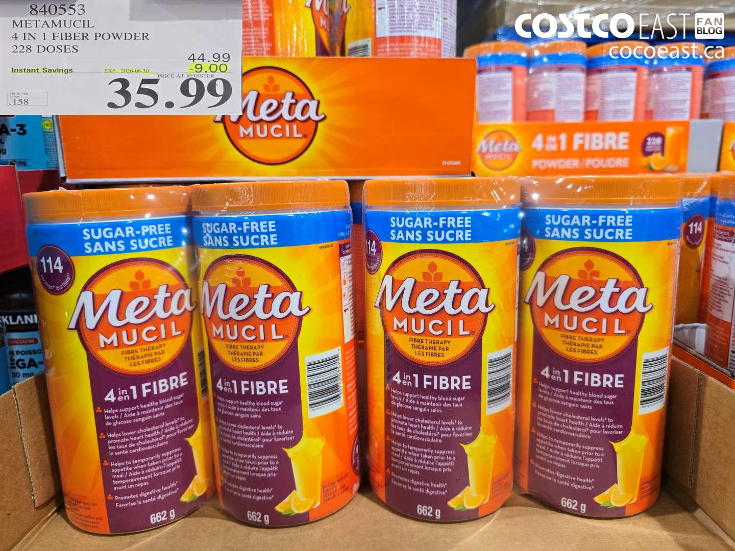 840553 METAMUCIL 4 IN 1 FIBER POWDER 228 DOSES ($9.00 INSTANT SAVINGS EXPIRES ON 2026-08-30) $35.99