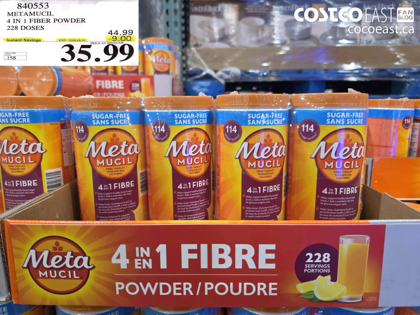 840553 METAMUCIL 4 IN 1 FIBER POWDER 228 DOSES ($9.00 INSTANT SAVINGS EXPIRES ON 2026-08-30) $35.99