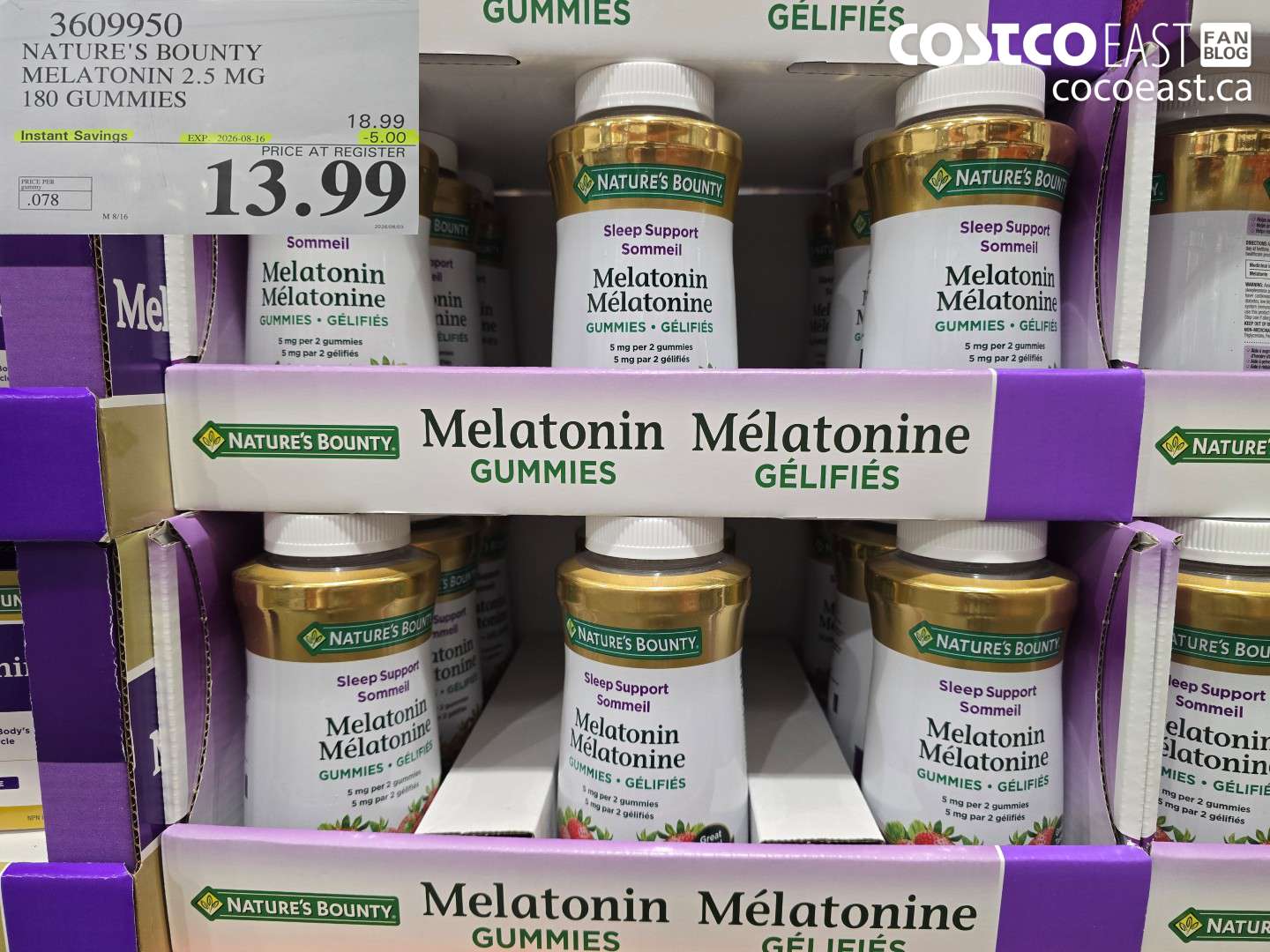 3609950 NATURE'S BOUNTY MELATONIN 2.5 MG 180 GUMMIES ($5.00 INSTANT SAVINGS EXPIRES ON 2026-08-16) $13.99