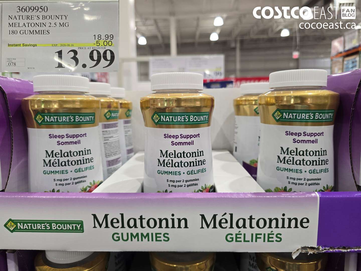3609950 NATURE'S BOUNTY MELATONIN 2.5 MG 180 GUMMIES ($5.00 INSTANT SAVINGS EXPIRES ON 2026-08-16) $13.99