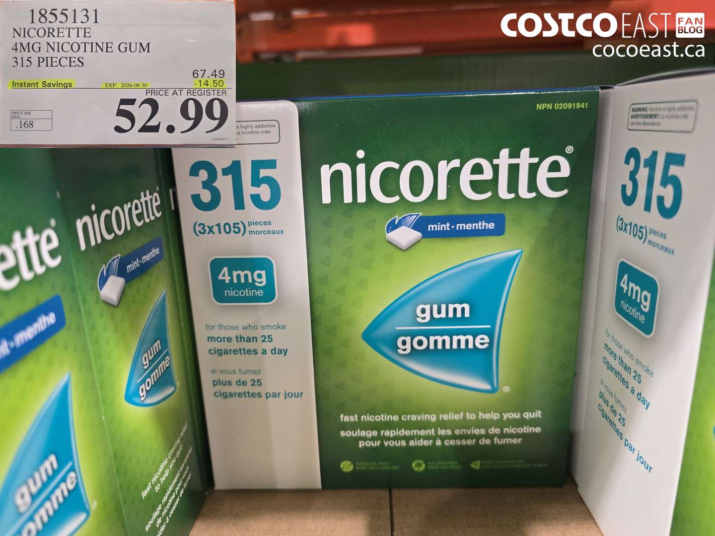 1855131 NICORETTE 4MG NICOTINE GUM 315 PIECES ($14.50 INSTANT SAVINGS EXPIRES ON 2026-08-30) $52.99