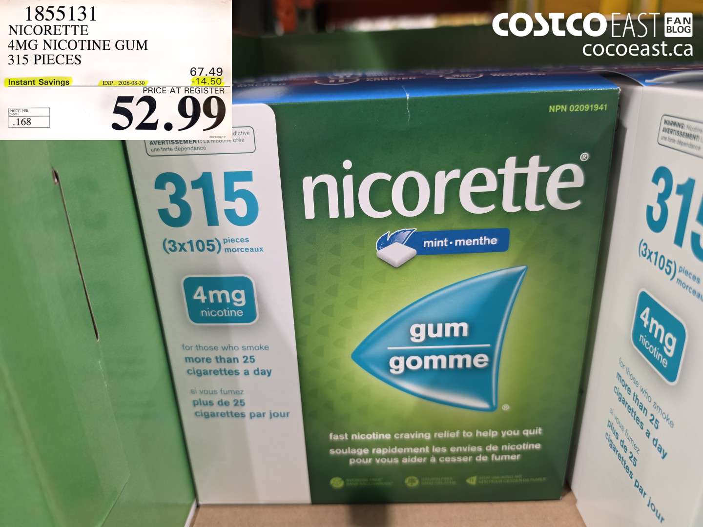 1855131 NICORETTE 4MG NICOTINE GUM 315 PIECES ($14.50 INSTANT SAVINGS EXPIRES ON 2026-08-30) $52.99