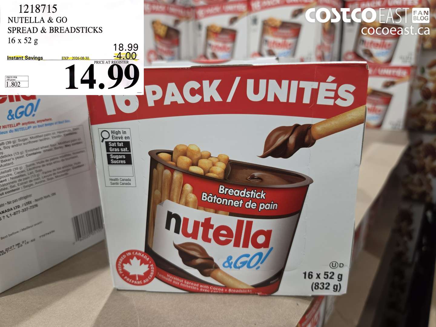 1218715 NUTELLA & GO SPREAD & BREADSTICKS 16 X 52 G ($4.00 INSTANT SAVINGS EXPIRES ON 2026-08-30) $14.99